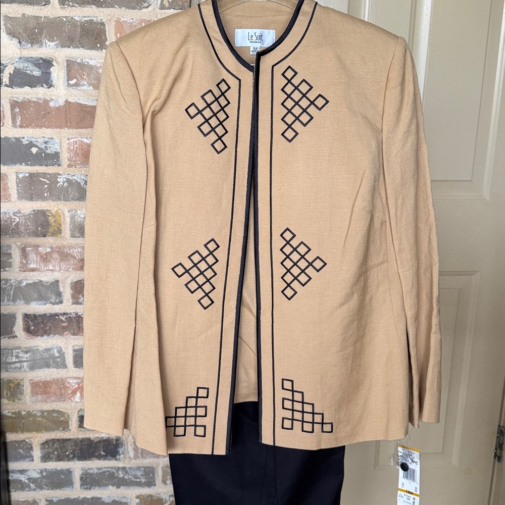 NWT Le Suit 3Pc Suit Elegant Tan Linen Blend Jacket Tank & Pants Sz 16W - Picture 2 of 16